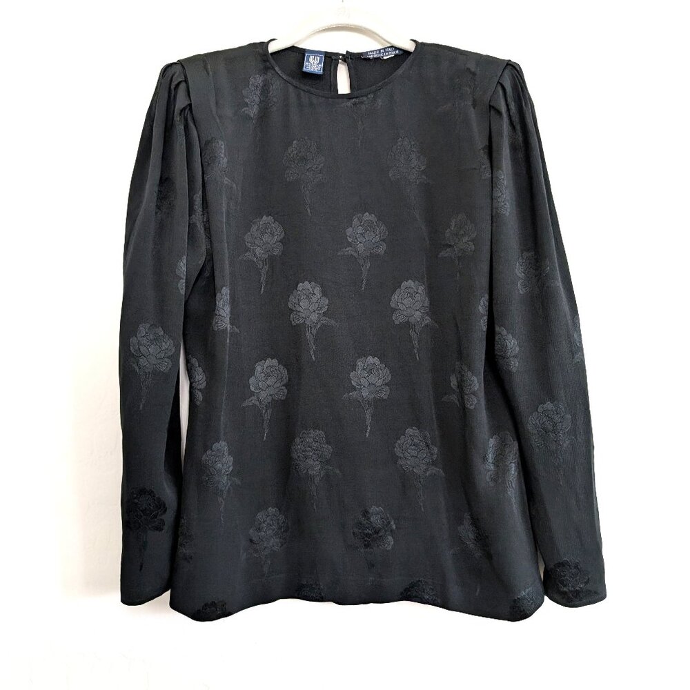 EMANUEL UNGARO Blouse M Black Floral Pullover Button Shoulder Pads Long Sleeve